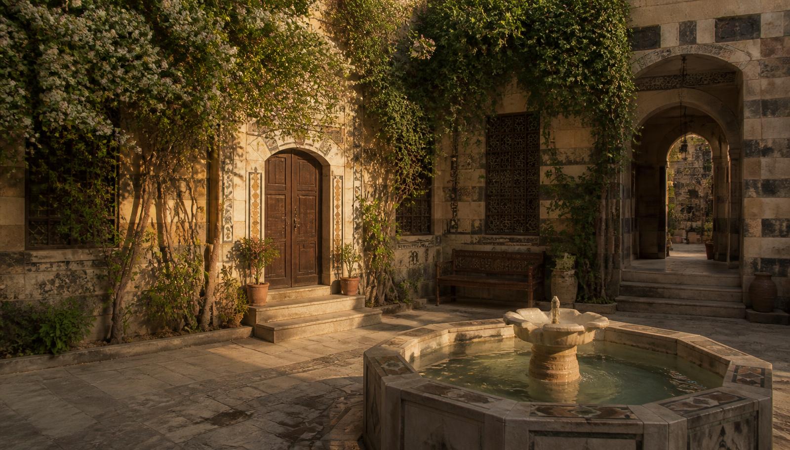 A quiet Damascene courtyard with a stone fountain and jasmine at golden hour