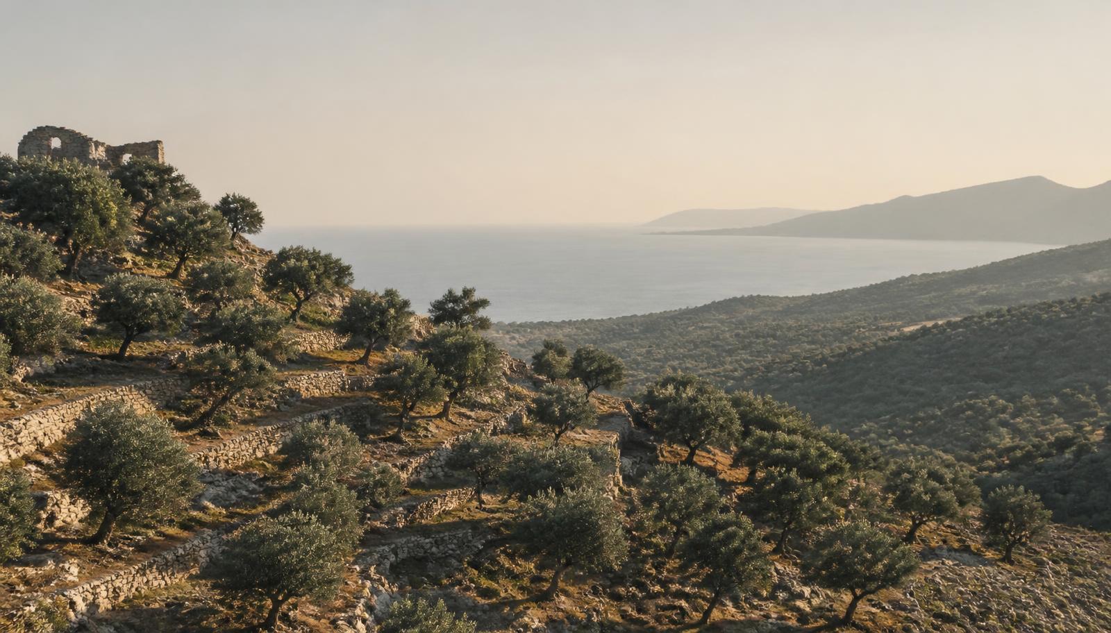 Terraced olive groves on the Syrian coast at first light